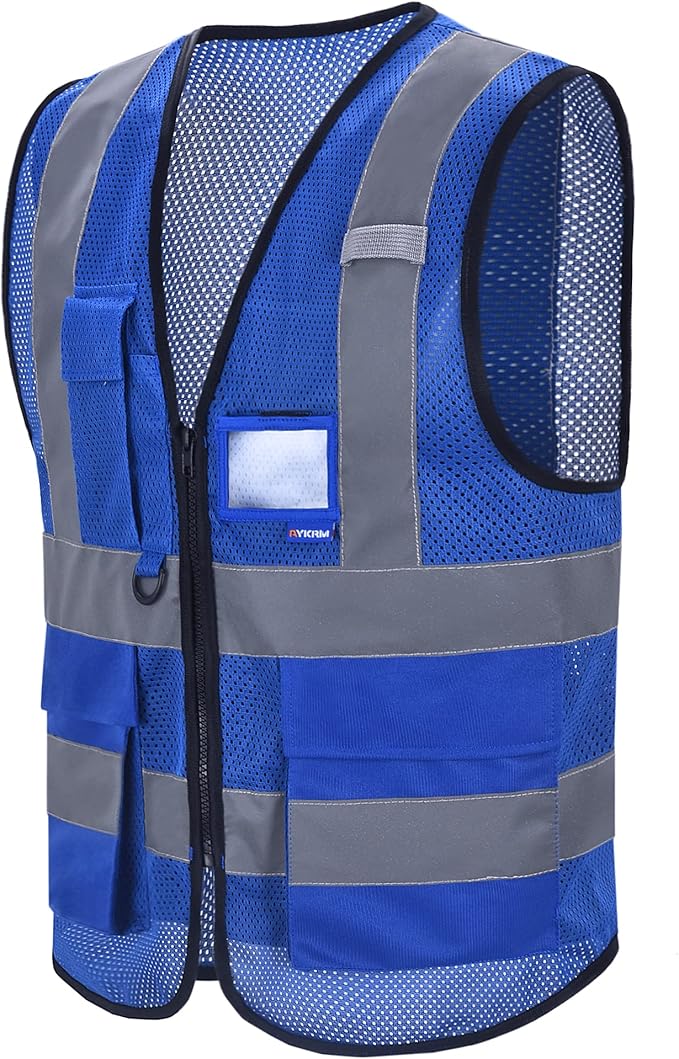 A-SAFETY High Visibility Mesh Safety Reflective Vest with Pockets and Zipper,Hi Viz Work Vest for Men Women (Blue Mesh M)