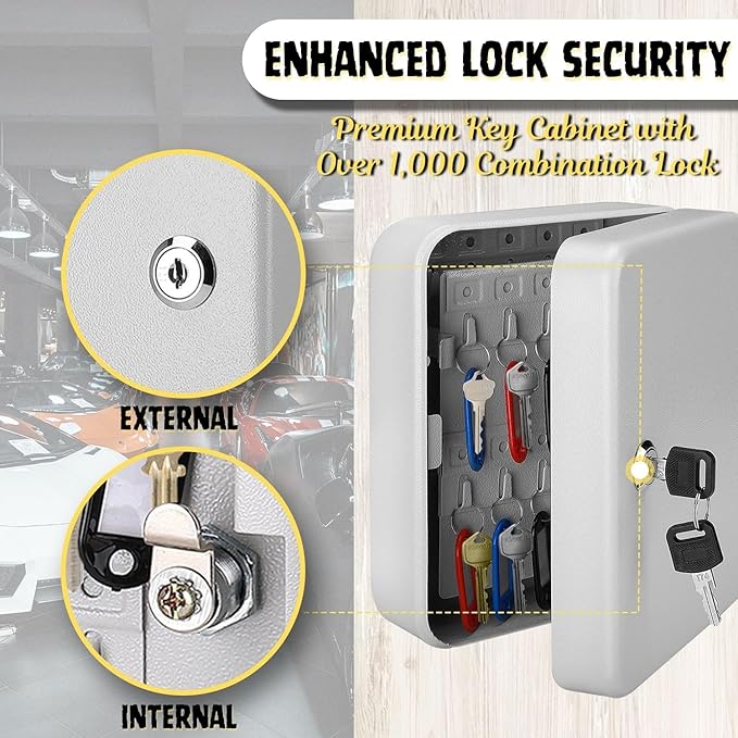 Flexzion Key Box Wall Mount With Code - 40 Capacity Key Box Organizer, Lock Box Key Holder, Secure & Durable Key Storage Box Cabinet with Colored Tags & Hooks for Homes & Business, Gray