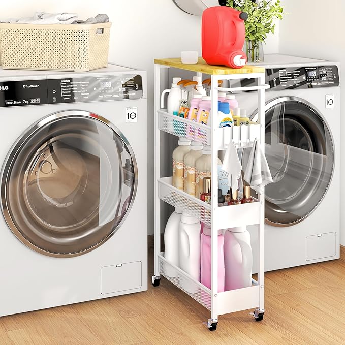 Slim Rolling Storage Cart, 4 Tier Metal Narrow Utility Cart with Handle and Wood Top, Multifunctional Small Mobile Shelf Unit Organizer Trolley for Laundry, Bathroom, Kitchen