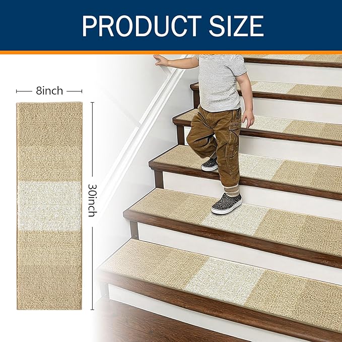 OLANLY Stair Treads Non Slip 4PCS, 8" x 30" Indoor Stair Runners for Wooden Steps, Edging Stair Rugs with Reusable Peel and Stick Adhesive for Kids Elders and Pets, Beige