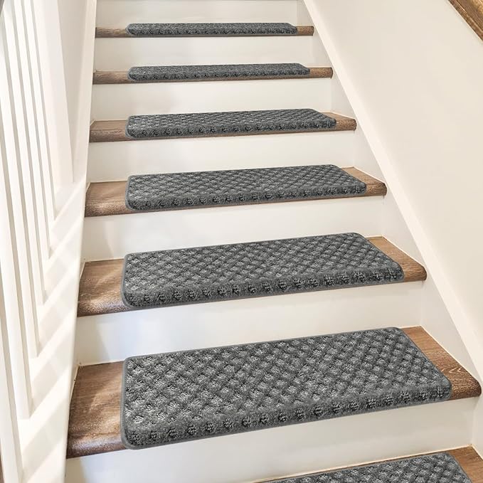PURE ERA Bullnose Carpet Stair Treads Set Tape Free Non-Slip Indoor Stair Protectors Pet Friendly Rugs9.5" x 30"(14 Pieces,Grey Mini-Diamond Trellis)