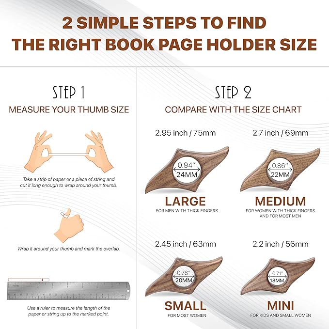 Walnut Book Page Holder, Smooth Finish Wood Book Holder for Reading, Ideal Book Reader Gifts & Reading Accessories,Book Worm Gifts for Women, Thumb Book Page Holder (Mini), Brown