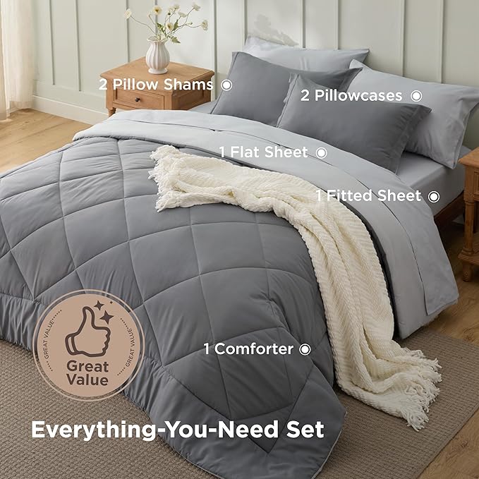 Bedsure Oversized Queen Comforter Set - 7 Pieces Reversible Grey Bedding, Oversized Queen Size Bed Set for All Seasons, Bed in a Bag with Down Alternative Comforter, Sheets, Pillowcases & Shams