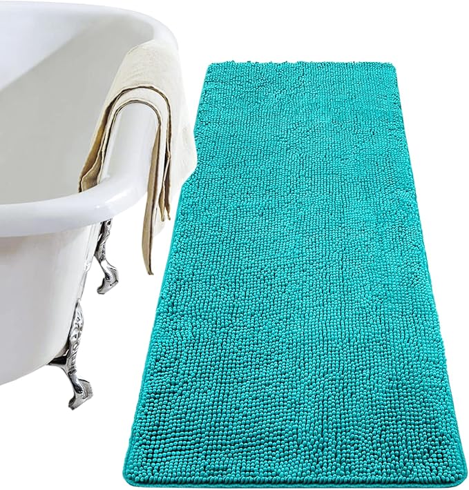 LOCHAS Luxury Bathroom Rug Shaggy Bath Mat 24 x 70 Inch, Washable Non Slip Bath Rugs for Bathroom Shower, Soft Plush Chenille Absorbent Carpets Mats, Teal Blue