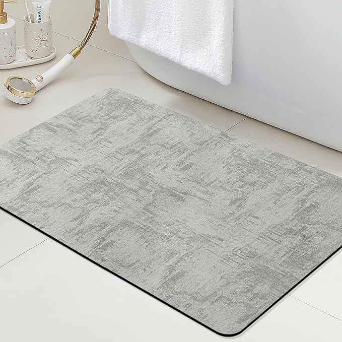 Ultra Thin Bath Mat, Upgrade Backing Non Slip Thin Bath Mats Fit Under Door, Quick Dry Ultra Absorbent Bathroom Rugs, Machine Washable Bath Rugs for Bathroom, Bathtub, Light Gray/Marble/32"x20"