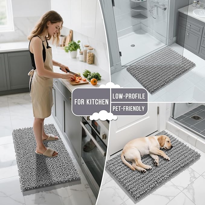 Yimobra Bathroom Runner Rug 70x24 Inch - Extra Long Non Slip Chenille Bath Mat, Soft & Absorbent, Machine Washable Shaggy Hallway Carpet for Vanity Tub Shower, Gray Home Decor Accessories