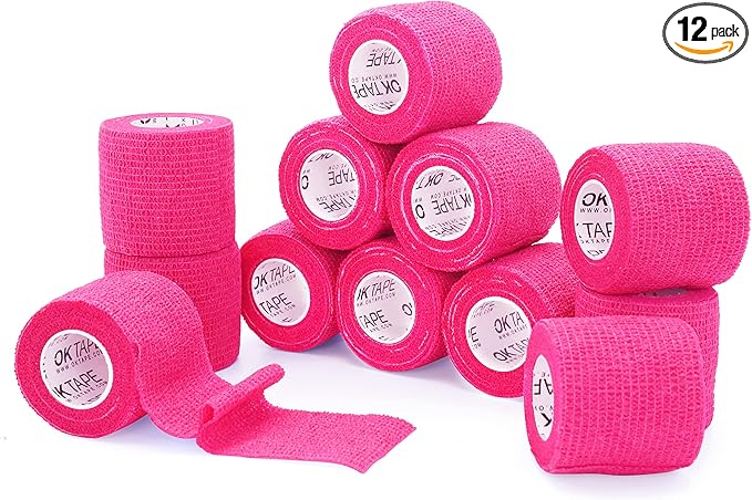OK TAPE Self Adherent Cohesive Bandages Wrap - 12Packs, 2" x 5 Yards, Non-Woven Self Adhesive Bandage Wrap for Thumb, Finger, Wrist, Ankle, Vet Wrap Bandages Tape (Bright Pink)