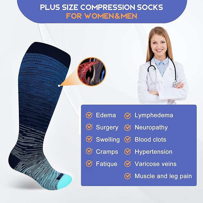 LEVSOX Plus Size Compression Socks for Women Men Wide Calf Extra Large 15-20 mmHg Knee High Sock for Nurses Pregnant Travel