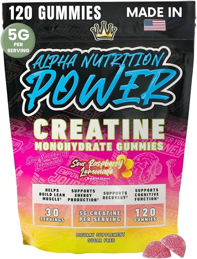 Creatine Monohydrate Gummies 5g - Raspberry Lemonade Flavored Creatine for Men and Women - Supplement for Muscle Gain, Energy, Pre and Post Workout, Recovery, (120 Gummies)