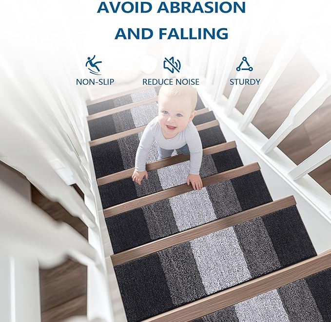 OLANLY Stair Treads Non Slip 4PCS, 8" x 30" Indoor Stair Runners for Wooden Steps, Edging Stair Rugs with Reusable Peel and Stick Adhesive for Kids Elders and Pets, Black