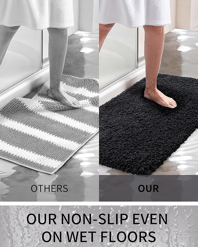 Bathroom Rugs 59x24, Ultra Thick Shaggy Soft Microfiber Absorbent Bath Rug, High Density Foam Latex Non Slip Backing, Machine Washable Bath Mats for Bathroom Floor & Sink, Black