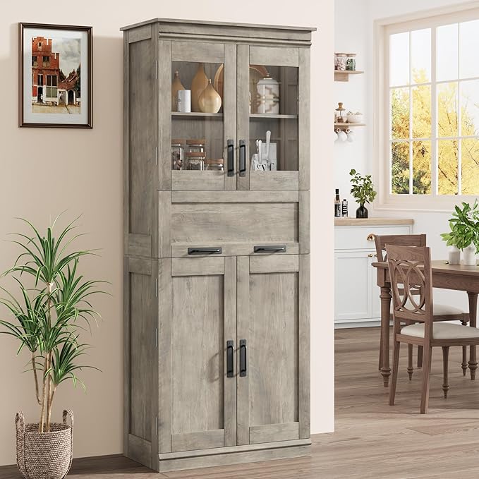 GarveeHome 67" Tall Bathroom Cabinet with 4 Doors & Flip Glass Drawer, Storage Cabinet with Adjustable Shelves, Freestanding Organizer for Kitchen, Living Room (Oak)