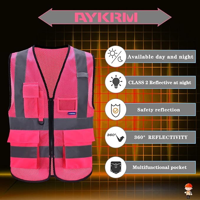 A-SAFETY High Visibility Mesh Safety Reflective Vest with Pockets and Zipper,Hi Viz Work Vest for Men Women (Pink Mesh 4XL-5XL)