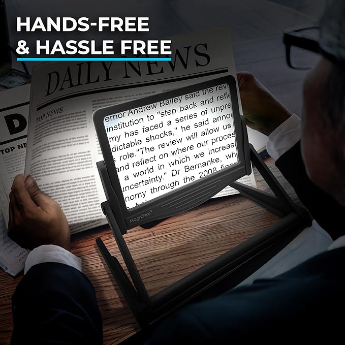 MAGNIPROS Patented 5X Large LED Page Magnifier with Detachable Stand | Eye Caring 3 Color Light Modes & Anti-Glare Lens to Reduce Eye Strain-Ideal for Reading Fine Print, Crafting, Low Vision Seniors