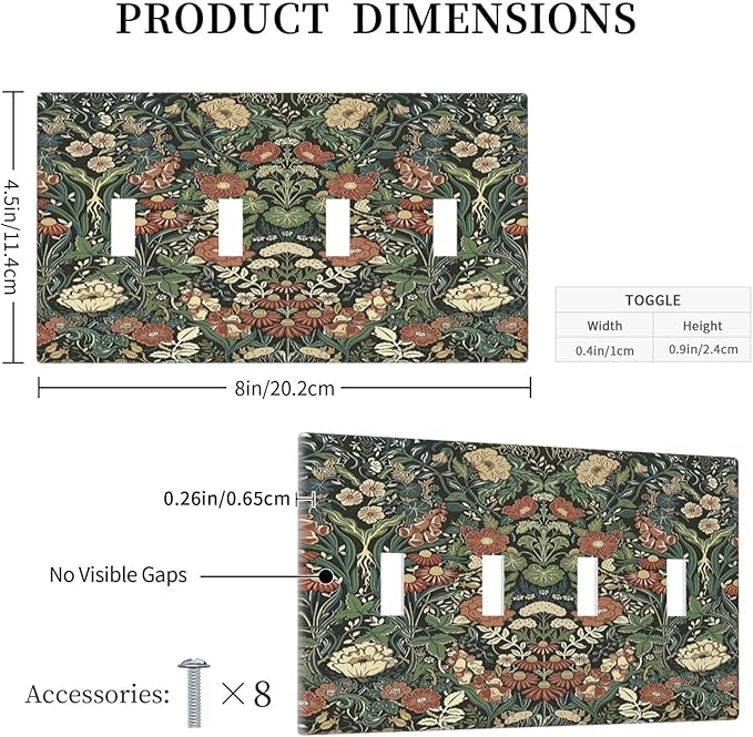 Light Switch Covers Vintage Dark Floral William Morris Green Flower Quad Toggle Electrical Faceplate 4 Gang Wall Plate Decorative Switch Plates for living Room Home Decor