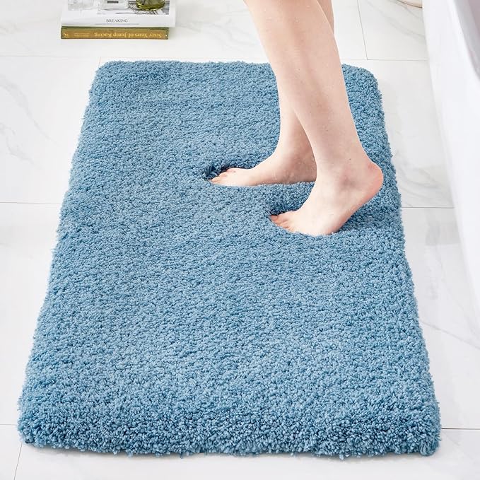 Bathroom Rugs 70x24, Ultra Thick Shaggy Soft Microfiber Absorbent Bath Rug, High Density Foam Latex Non Slip Backing, Machine Washable Bath Mats for Bathroom Floor & Sink, Blue