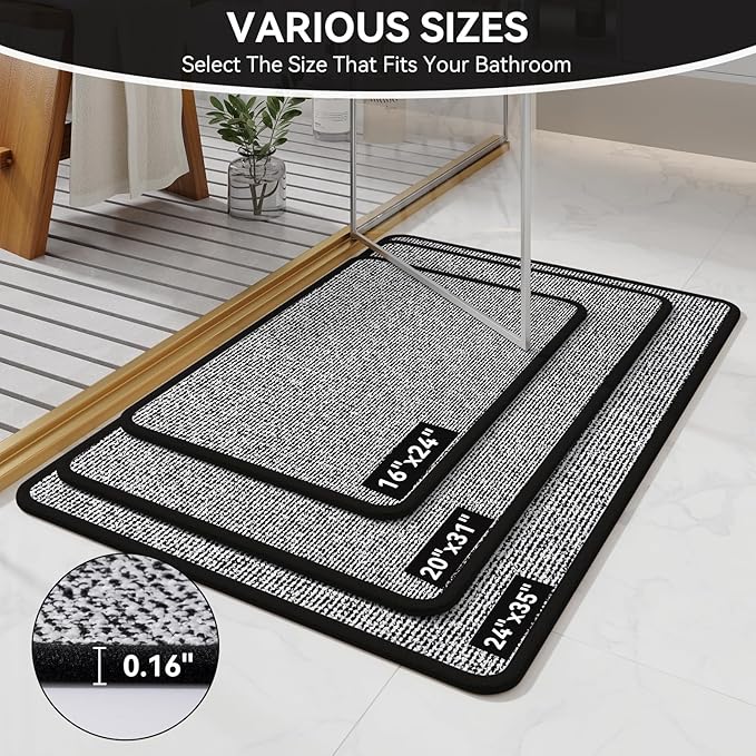 20"x31" Absorbent Quick Dry Bath Mats, Non-Slip Rubber Backing Bathroom Rug, Washable Bath Rugs for Bathroom Floor, Sink and Outside Shower, Low Pile Rug Fit Under Door, Minimalism, Black