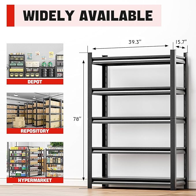 5-Tier Heavy Duty Steel Garage Shelving Unit, Adjustable Metal Utility Shelves, Industrial Storage Rack for Garage, Warehouse, and Storage Solutions 16" D x40 W x78 H（5 pcs）