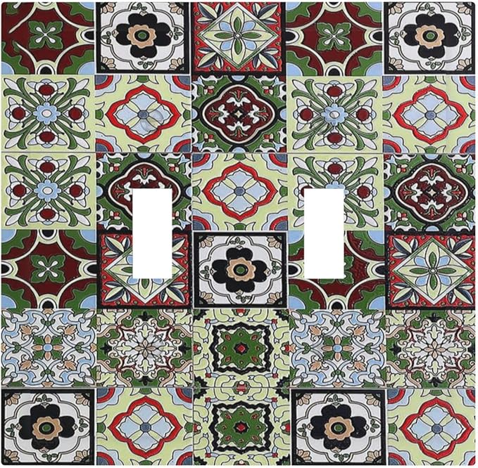 Decorative Switch Plates Talavera Tile Decal 2 Gang Double Toggle Outlet Light Switch Cover Wall Plate Electrical Faceplate for Bedroom Bathroom Decor