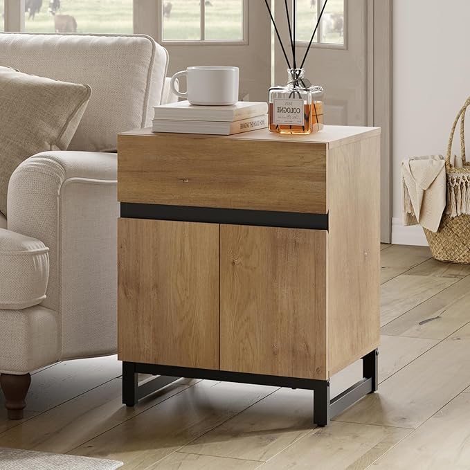WAMPAT Modern End Table with 1 Drawer & 1 Storage Cabinet, Farmhouse Sofa Table with 2 Open Door, Wood Rustic Side End Table for Living Room, Nighstand for Bedroom, Oak