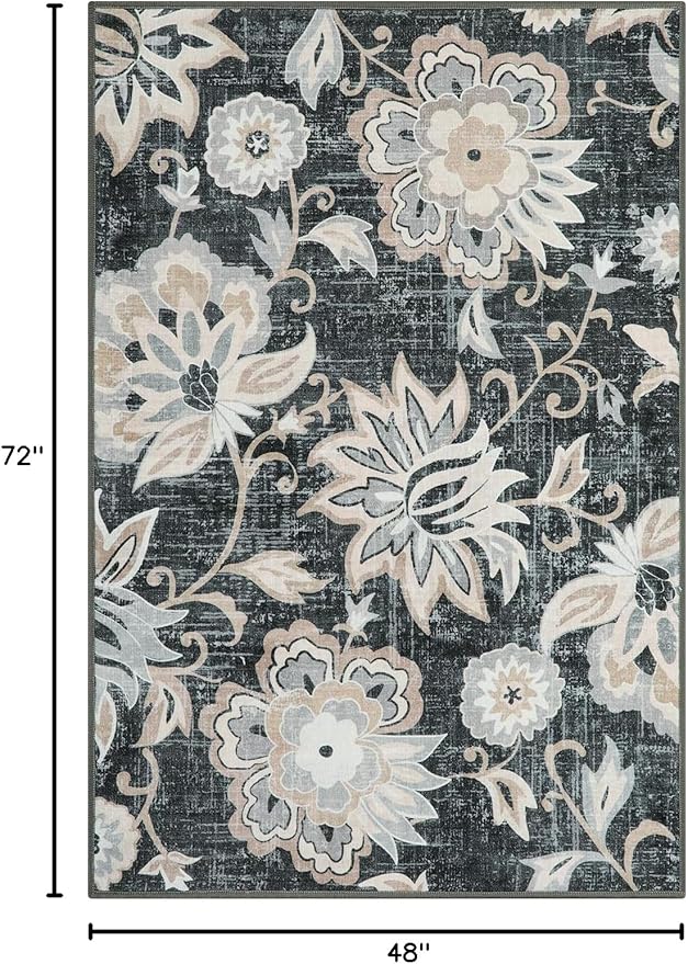 Beeiva Floral Large Carpet for Bedroom, 4x6 Rug Non Slip Vintage Black Rug for Bedroom, Paisley Print Living Room Ultra Thin Washable Rugs for Entryway Bedside Office