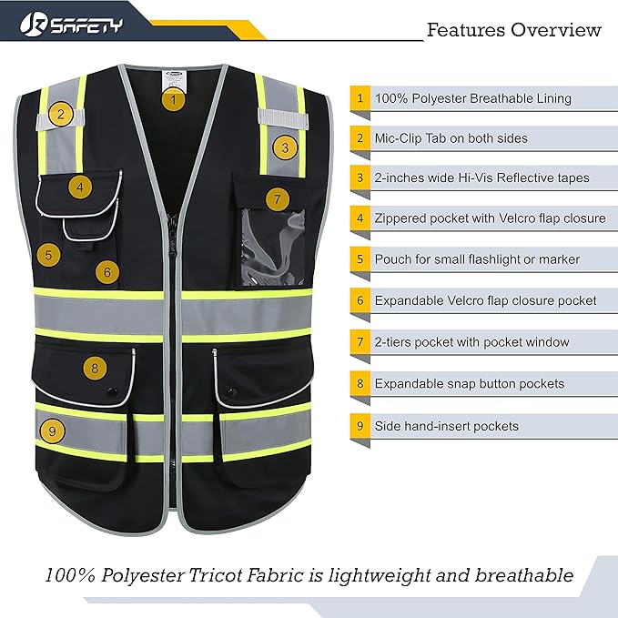 JKSafety 9 Pockets Hi-Vis Black Color Zipper Front Safety Vest Fluorescent Yellow Strips outlining the Reflective Tapes ANSI/ISEA Class 1 (901-Black, XX-Large)