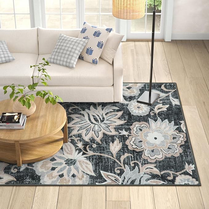 Beeiva Floral Large Carpet for Bedroom, 4x6 Rug Non Slip Vintage Black Rug for Bedroom, Paisley Print Living Room Ultra Thin Washable Rugs for Entryway Bedside Office