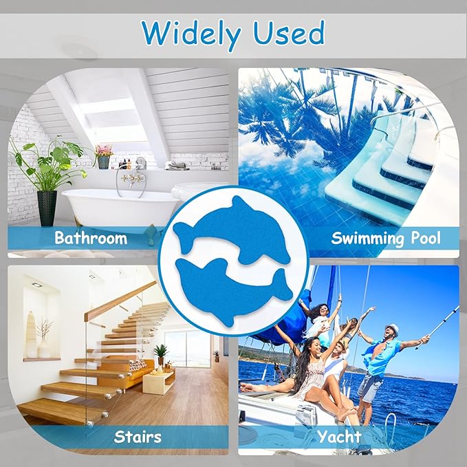 S&X Bathtub Non Slip Stickers,Grippy Dolphin Adhesive Treads – Fine Gritty Textured Surface – Pack of 12 Shower Floor Non Slip Stickers – Comfortable Grip On Slipper Surfaces