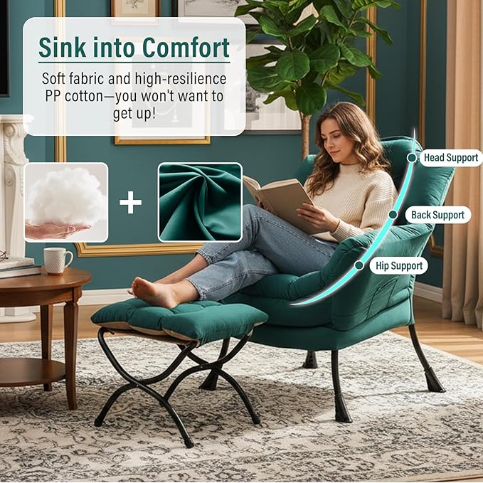 Modern Lazy Chair with Folding Footrest, Lounge Accent Reading Chair (Dark Green)