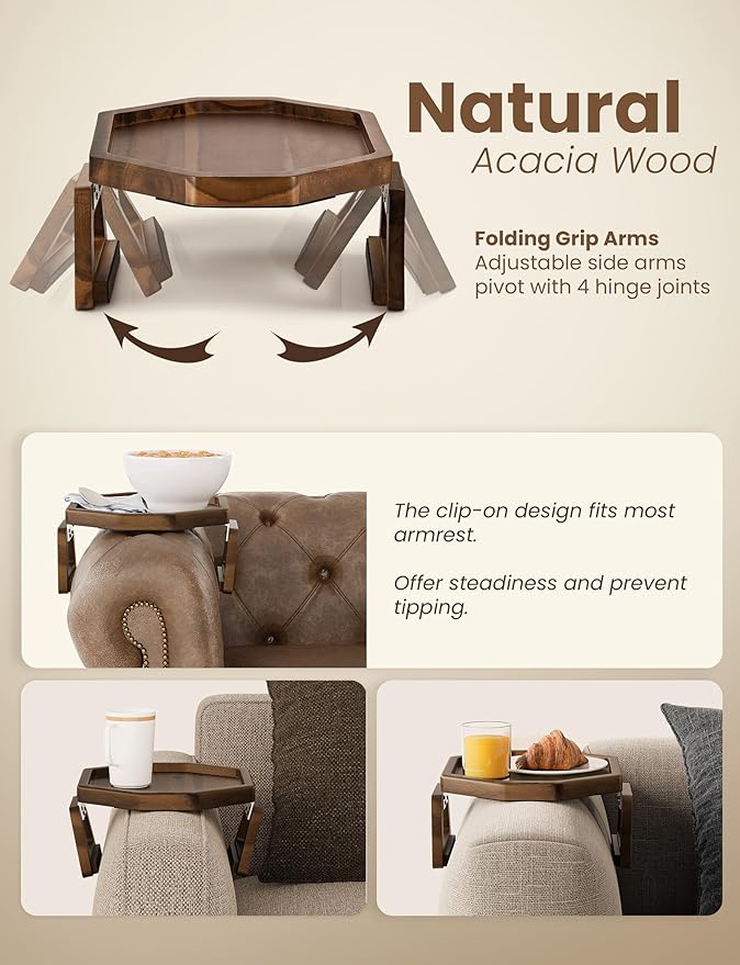 Tinamo Octagonal Acacia Sofa Arm Tray, Couch Armrest Table with Folding Arms - Couch Accessories, Armchair Caddy, Clip on Tray for Home Sofa Living Room with Adjustable Arm Hinges (Walnut Color)
