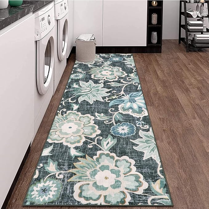 Beeiva Floral 2x6 Washable Runner, Hallway Runner Rugs with Rubber Backing, Non Slip Ultra Thin Lightweight Kitchen Rug for Bedroom Entryway Laundry Room(Blue,2'x6')
