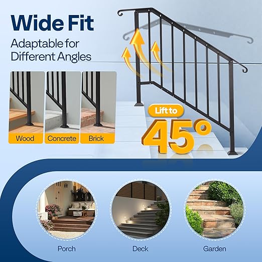 VIVOHOME 2-Pack 4 Step Galvanized Steel Hand Rails for Outdoor Steps – Curved Ends and Safety Balusters Exterior Railing for Porch, Deck, or Indoor Stairs, Complete Installation Kit