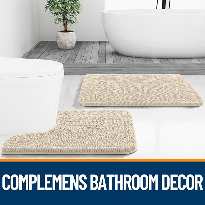 OLANLY Bathroom Rugs Sets 2 Piece, Soft Absorbent Chenille Bath Mats and U-Shaped Contour Toilet Mat Area Rug Set, Machine Washable Bath Carpet, Home Decor Accessories(30"x20"+24"x20", Sand)