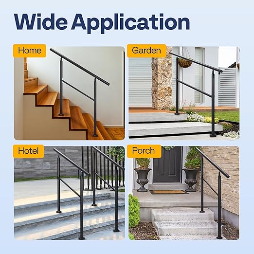 VIVOHOME 2-Pack 3 Step Hand Rails for Outdoor Steps, Galvanized Steel Railing, Black Round Exterior Handrails for Porch, Deck, or Indoor Stairs, Complete Installation Kit
