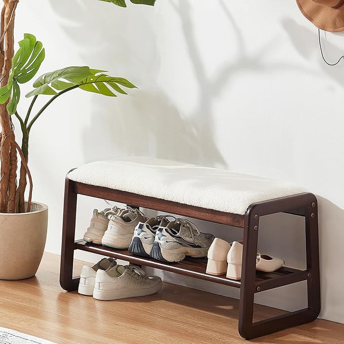 Shoe Rack Bench,2 Tier Wooden Entryway Bench with Shoe Storage, Shoe Rack with Cushion for Living Room, Hallway(Cream White, 31.5")