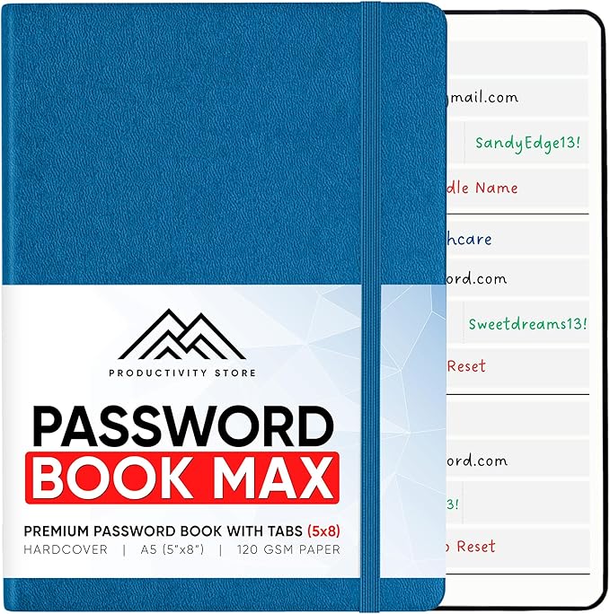 PRODUCTIVITY STORE Best Password Book with Alphabetical Tabs | Password Book, Organizer & Notebook | Password Keeper to Keep Website Logins & Passwords Safe | Navy Blue | Medium 5x8