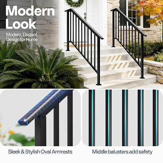 VIVOHOME 2-Pack 5 Step Galvanized Steel Hand Rails for Outdoor Steps – Black Oval and Safety Balusters Exterior Railing for Porch, Deck, or Indoor Stairs, Complete Installation Kit
