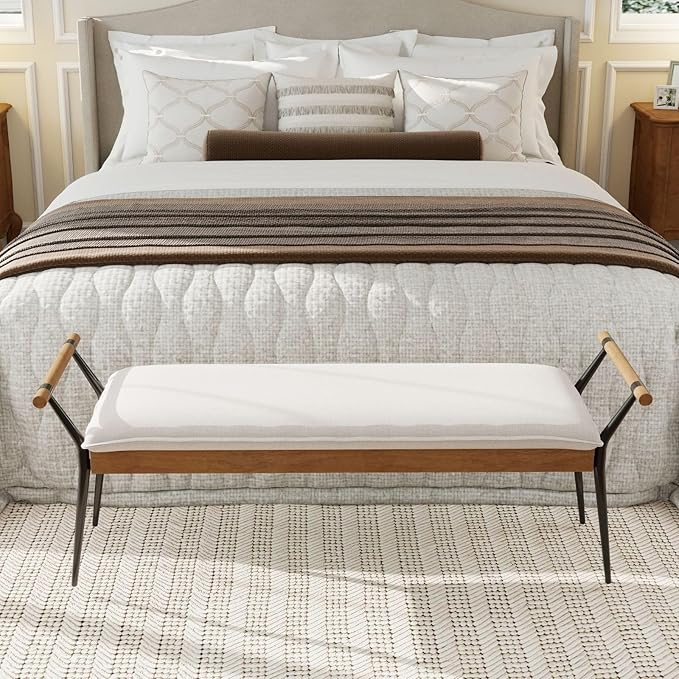 LukeAlon Modern Chenille Entryway Bench, Upholstered End of Bed Bench with Arms Classic Bedroom Ottoman Bench with Metal Legs Elegant Footstool for Entrance Living Room, White