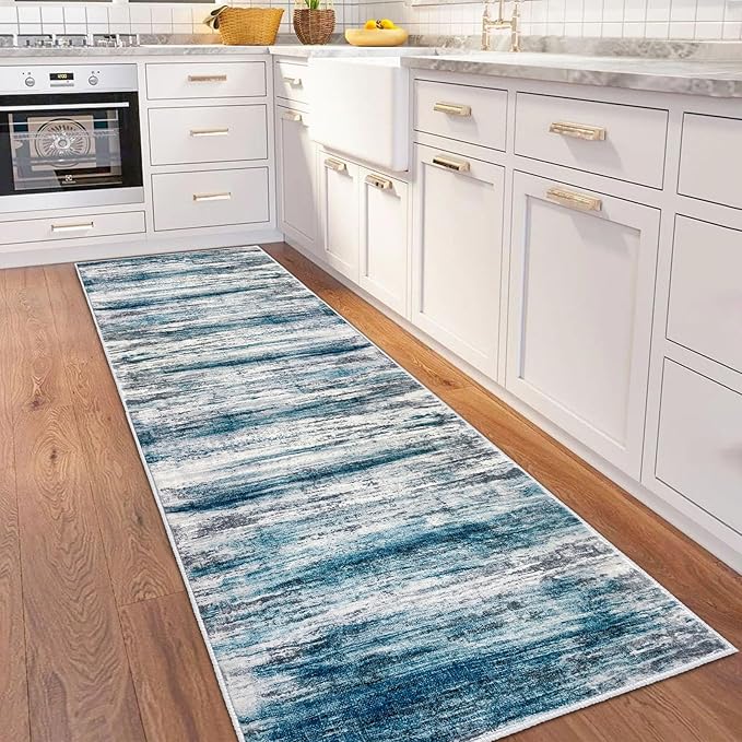 KOZYFLY Runner Rug 3x8 Modern Ombre Runners for Hallways, Washable Rugs for Bedroom Non-Slip Soft Stain Resistant Striped, Print Blue Abstract Carpet for Living/Laundry/Kid Room