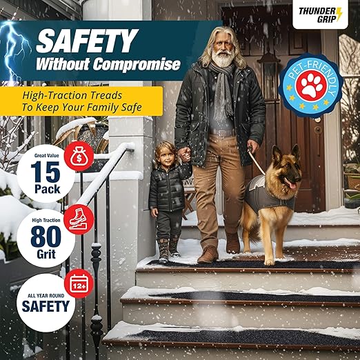 Outdoor Stair Treads Non Slip 30" x 8" - 15-Pack Weather Resistant Exterior Grip Tape for Wooden Steps - Anti Skid Strips - Waterproof 80-Grit Adhesive Treads