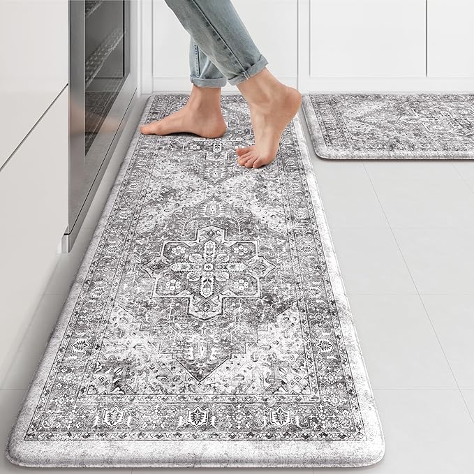 KIMODE Anti Fatigue Kitchen Mats, 2 PCS Cushioned Kitchen Rugs and Mats, Waterproof Kitchen Floor Mats Non Slip, Boho Comfort Foam Standing Mat for Laundry, Office, Sink, Grey Brown 17"x47"+17"x29"