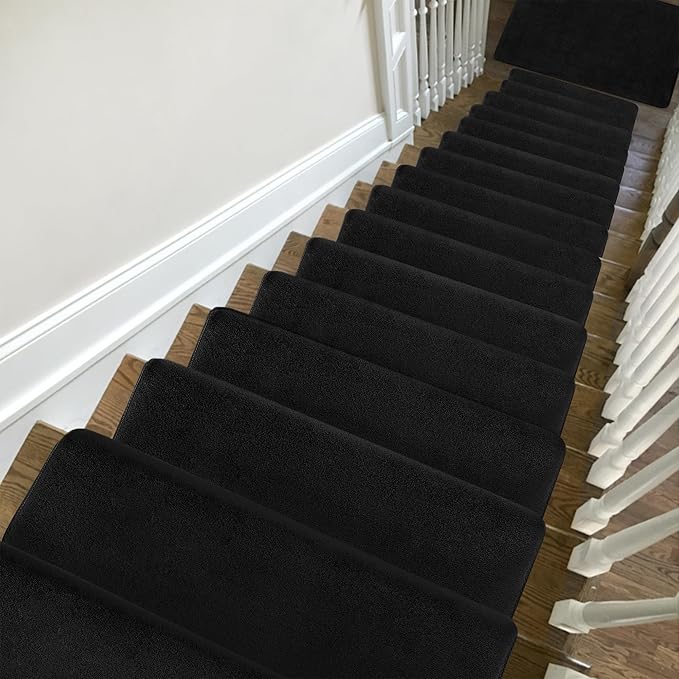 PURE ERA Carpet Stair Treads Ultra Plush 9.5" X 30"Soft Bullnose Indoor Stair Protectors Pet-Friendly Non-Slip Skid Resistant Tape Free Washable Reusable(14 Pieces,Black)