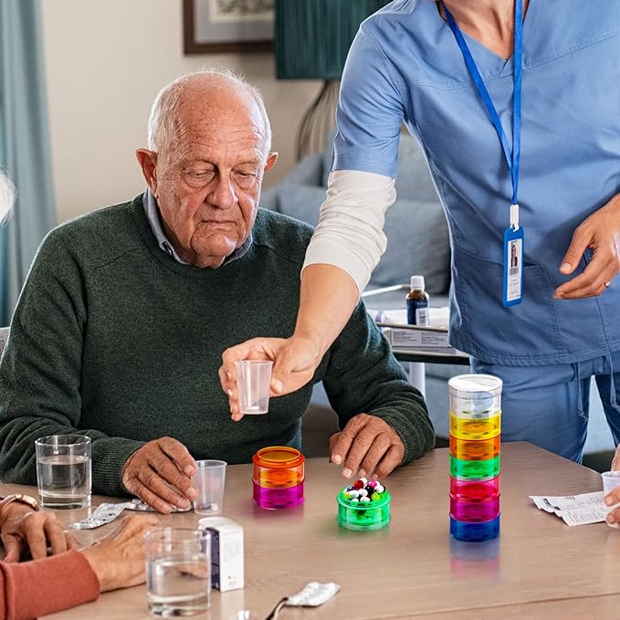 Sieral 7 Days Stackable Pill Organizers 7 Compartments Round Pill Boxes Tower Weekly Vitamin Individual Storage Containers Travel Cases with Lids for Medications, Vitamins and Supplements(8 Sets)