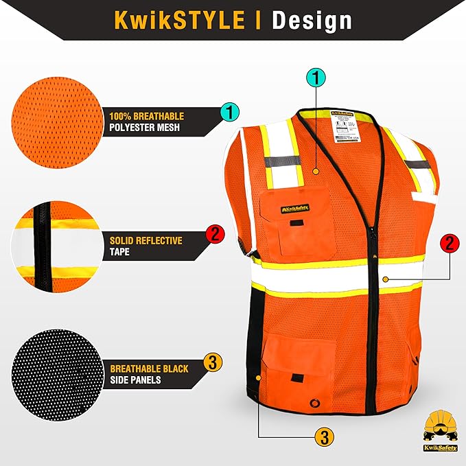 KwikSafety - Charlotte, NC - BIG KAHUNA Safety Vest [11 Pockets] Class 2 ANSI OSHA Reflective Vest Durable High Visibility Vest Construction Safety Vest for Men Industrial Work Gear/Orange Medium