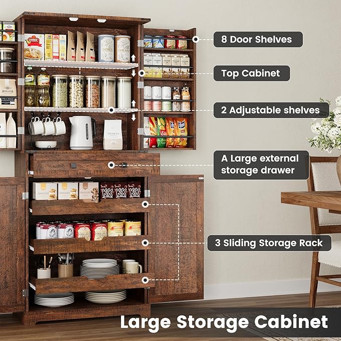 ELYKEN 72" Tall Kitchen Pantry Cabinet, Rustic Brown Farmhouse Pantry with Large Food Storage for Kitchen Dining Room Living Room