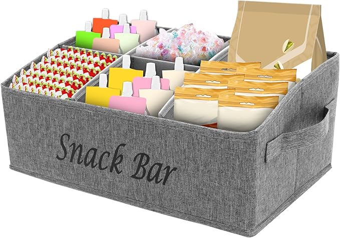 Snack Organizer for Countertop, 6 Compartment Snack Basket Container, Trapezoid Fabric Snack Bin Holder with Side Handles,Lightweight Snack Bar Station Organizer, Kitchen Pantry Storage (Grey)