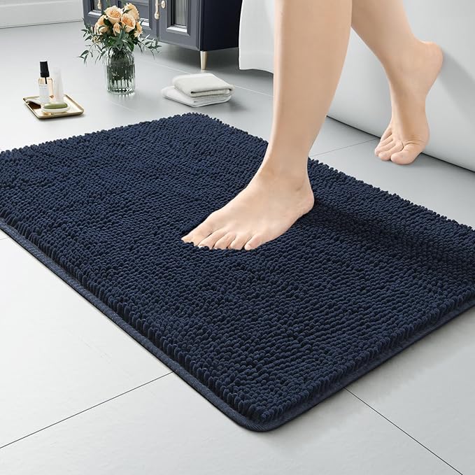 LOCHAS Luxury Bathroom Rug Shaggy Bath Mat 24 x 17 Inch, Washable Non Slip Bath Rugs for Bathroom Shower, Soft Plush Chenille Absorbent Carpets Mats, Navy