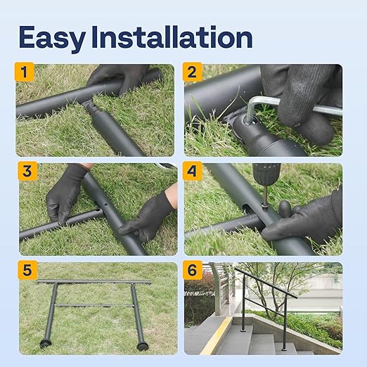 VIVOHOME 2-Pack 4 Step Hand Rails for Outdoor Steps, Galvanized Steel Railing, Black Round Exterior Handrails for Porch, Deck, or Indoor Stairs, Complete Installation Kit