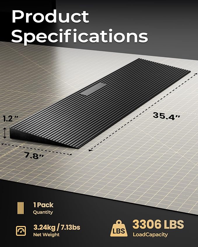 FACHNUO 1.2" Rise Rubber Threshold Ramp for Doorways, 35.4" Wide, 3306 LBS Load Capacity Wheelchair Ramp - Cuttable Non-Slip Rubber Ramp, Secure and Stable for Curbs, Wheelchairs, Walkers and Scooters