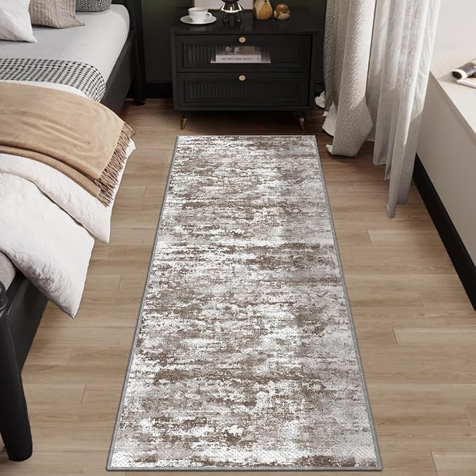 Abstract Washable Runner Rug 2x6, Brown Non-Slip Hallway Rug, Woven Non-Shedding Thin Runners for Entryway, Kitchen, Laundry Room